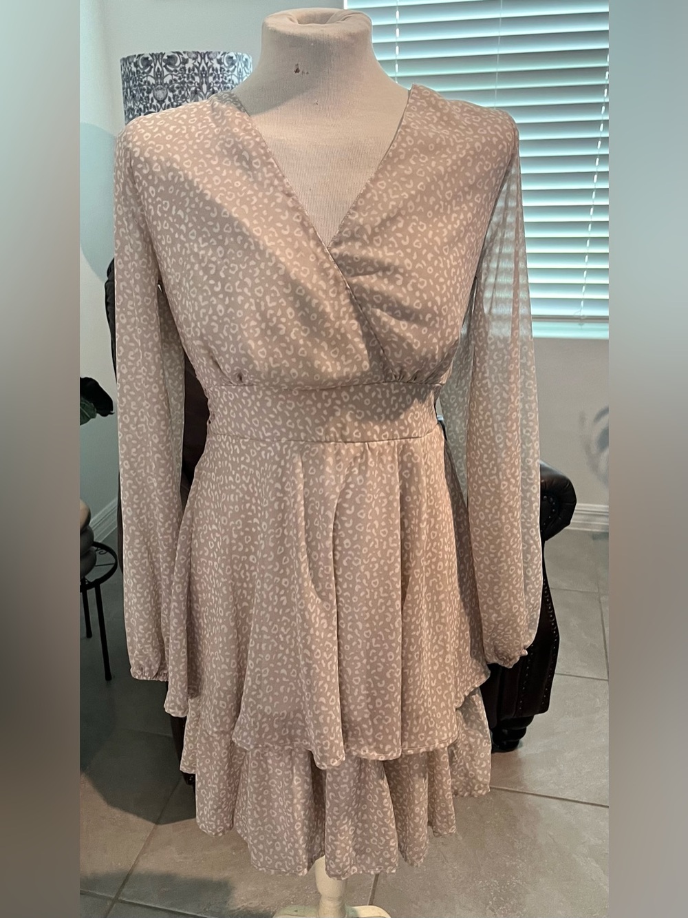 Japna Taupe and White Faux-Wrap Tiered Midi Dress
